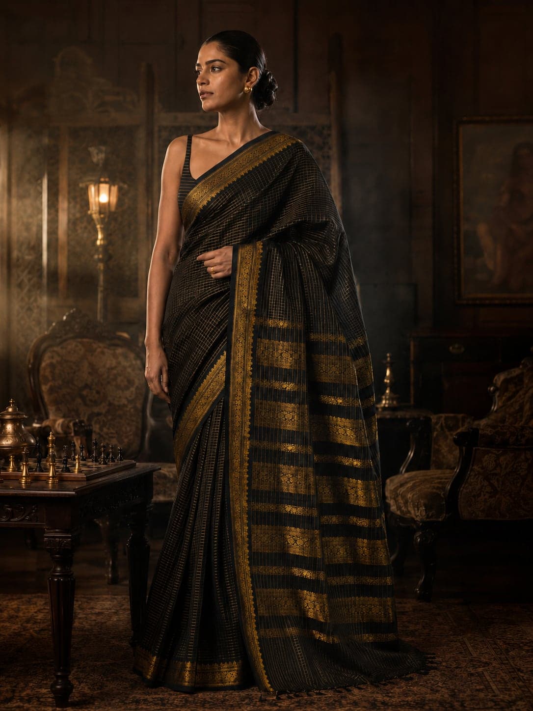 AI-generated full-length catalogue image of a model wearing the black and gold saree.