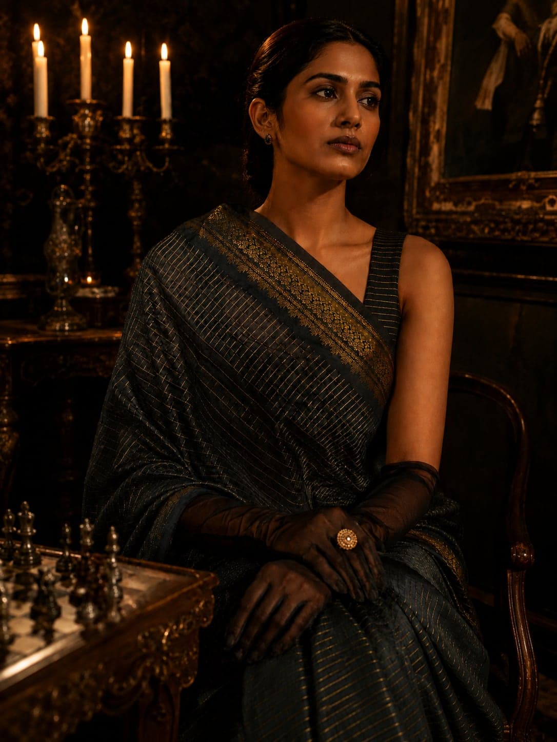 AI-generated editorial portrait highlighting the saree pattern and upper border.